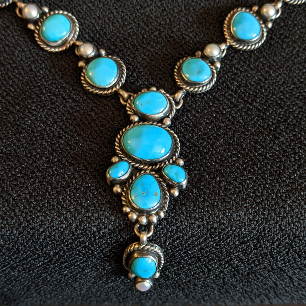 Navajo Made Bluebird Turquoise & Freshwater Pearl Necklace Set by L.D. GJ-JWS-0014