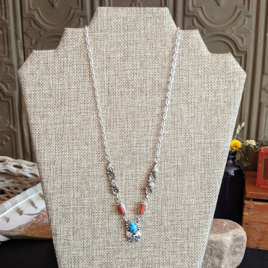 Navajo Made Turquoise & Coral Necklace GJ-NKL-0023