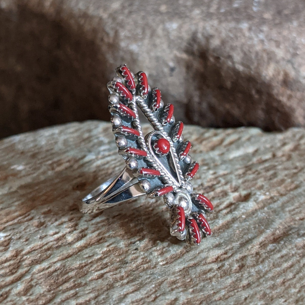 Zuni Needlepoint Red Coral Ring GJ-RNG-0059