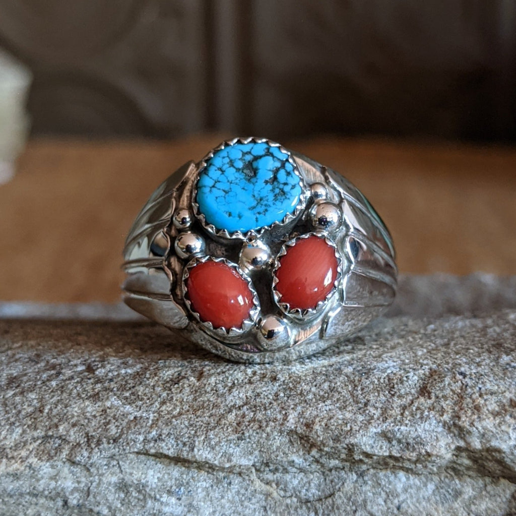 Navajo Made Turquoise & Red Coral Ring SWSG-RNG-0036