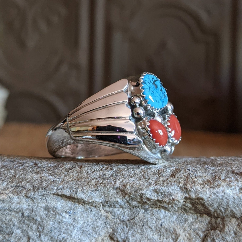 Navajo Made Turquoise & Red Coral Ring SWSG-RNG-0036