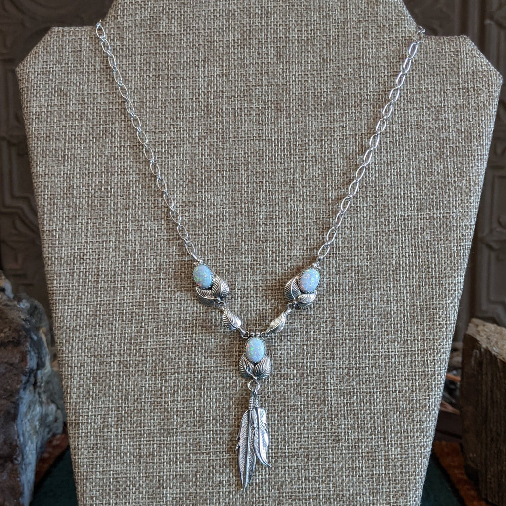 Manmade White Opal Silver Feather Necklace by Verley Betone GJ-NKL-0031