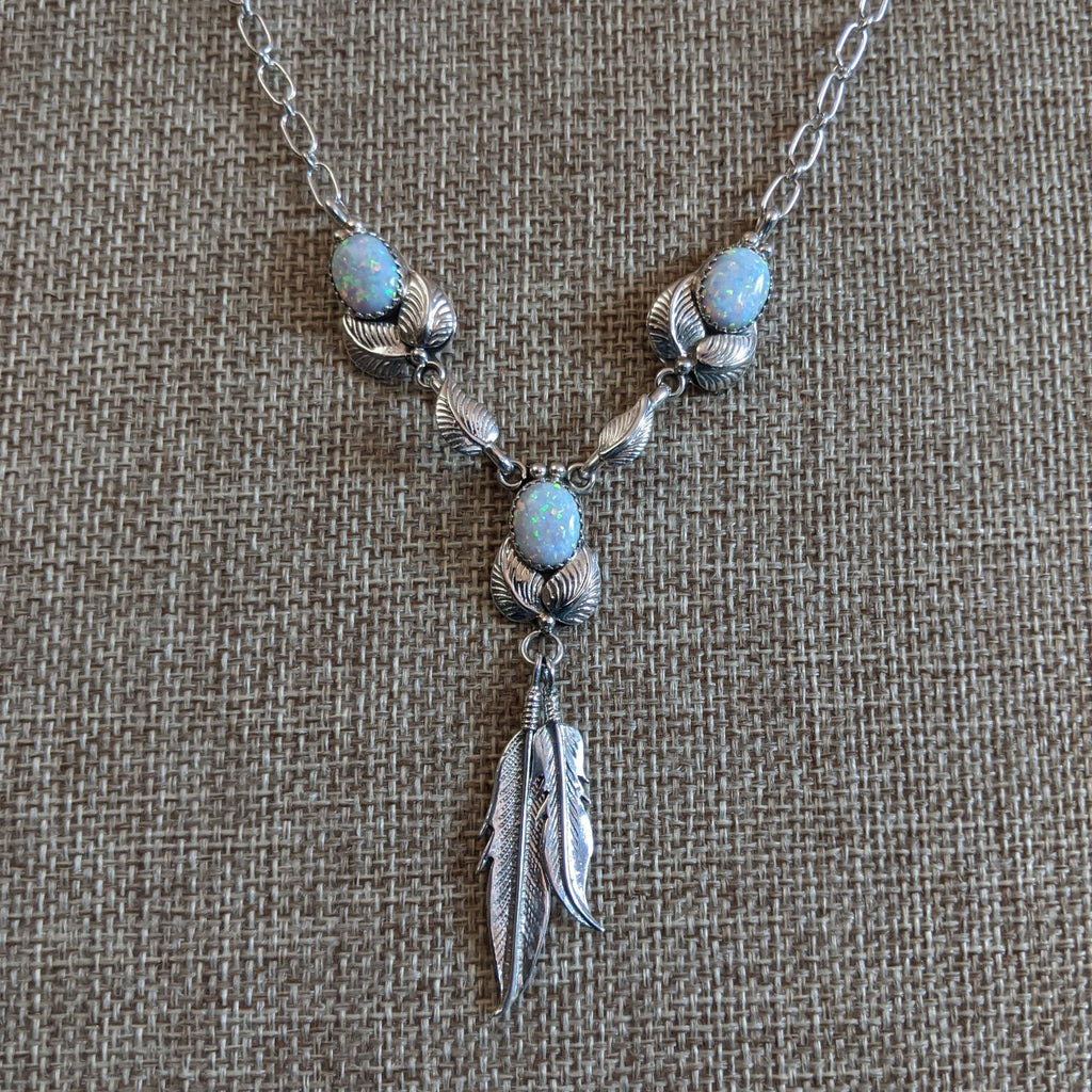 Manmade White Opal Silver Feather Necklace by Verley Betone GJ-NKL-0031