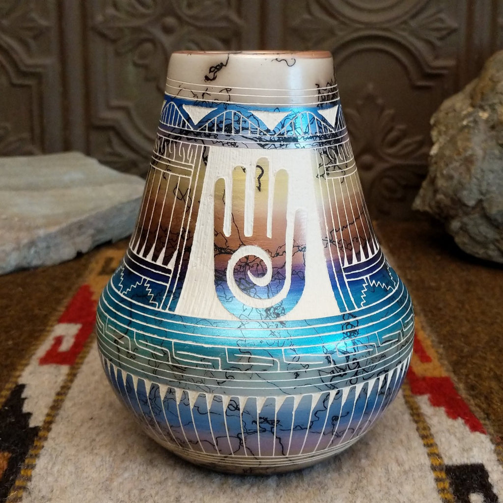 Navajo Multicolor Hamsa Hand Horsehair Pottery by Hilda Whitegoat SWT-POT-0050