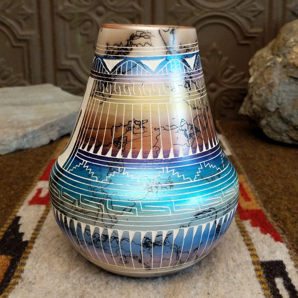 Navajo Multicolor Hamsa Hand Horsehair Pottery by Hilda Whitegoat SWT-POT-0050