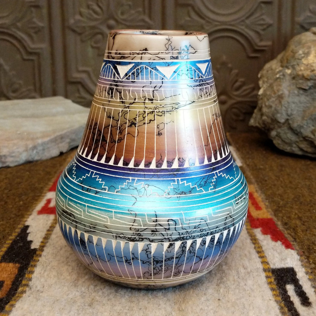 Navajo Multicolor Hamsa Hand Horsehair Pottery by Hilda Whitegoat SWT-POT-0050