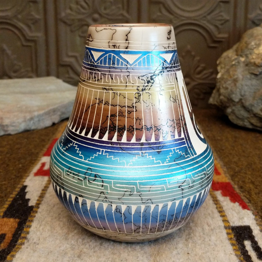 Navajo Multicolor Hamsa Hand Horsehair Pottery by Hilda Whitegoat SWT-POT-0050