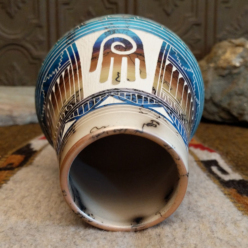 Navajo Multicolor Hamsa Hand Horsehair Pottery by Hilda Whitegoat SWT-POT-0050