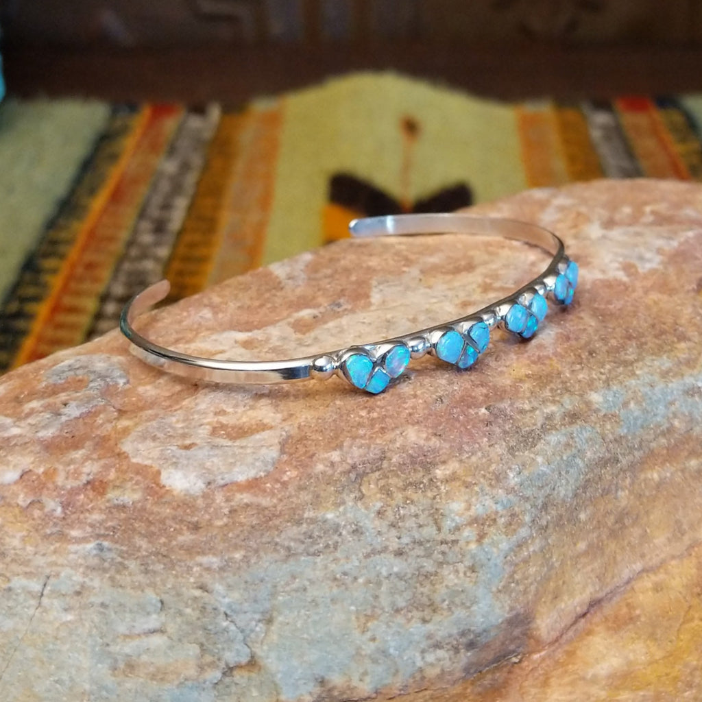 Navajo Made Blue Manmade Opal Heart Cuff SWSG-BRC-0039