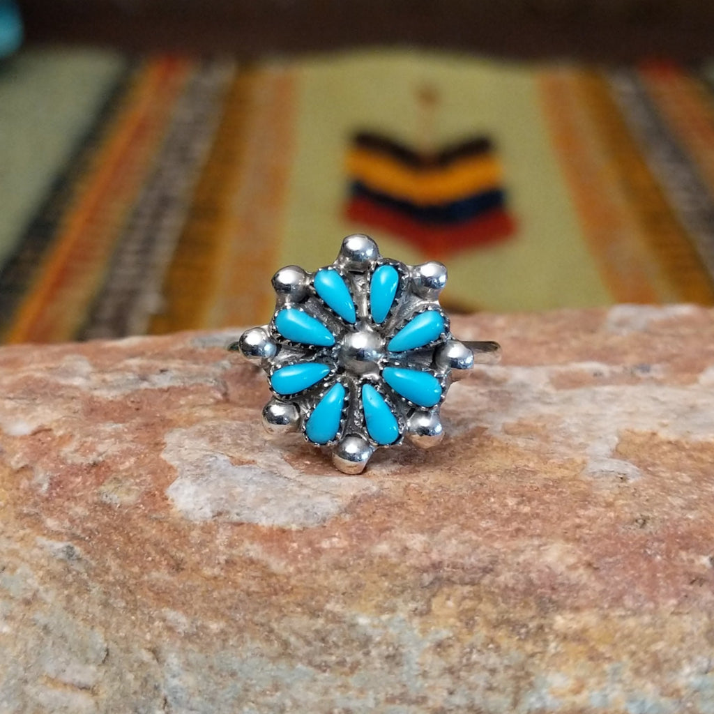 Zuni Petit Point Turquoise Flower Ring by David & Sarita Leekity SWSG-RNG-0046