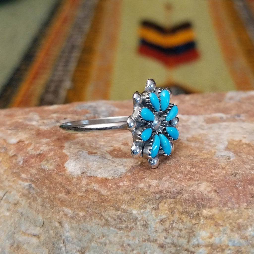 Zuni Petit Point Turquoise Flower Ring by David & Sarita Leekity SWSG-RNG-0046