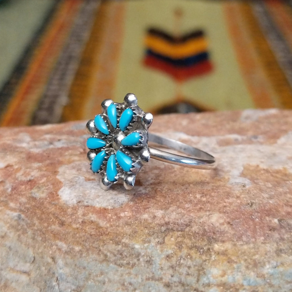 Zuni Petit Point Turquoise Flower Ring by David & Sarita Leekity SWSG-RNG-0046