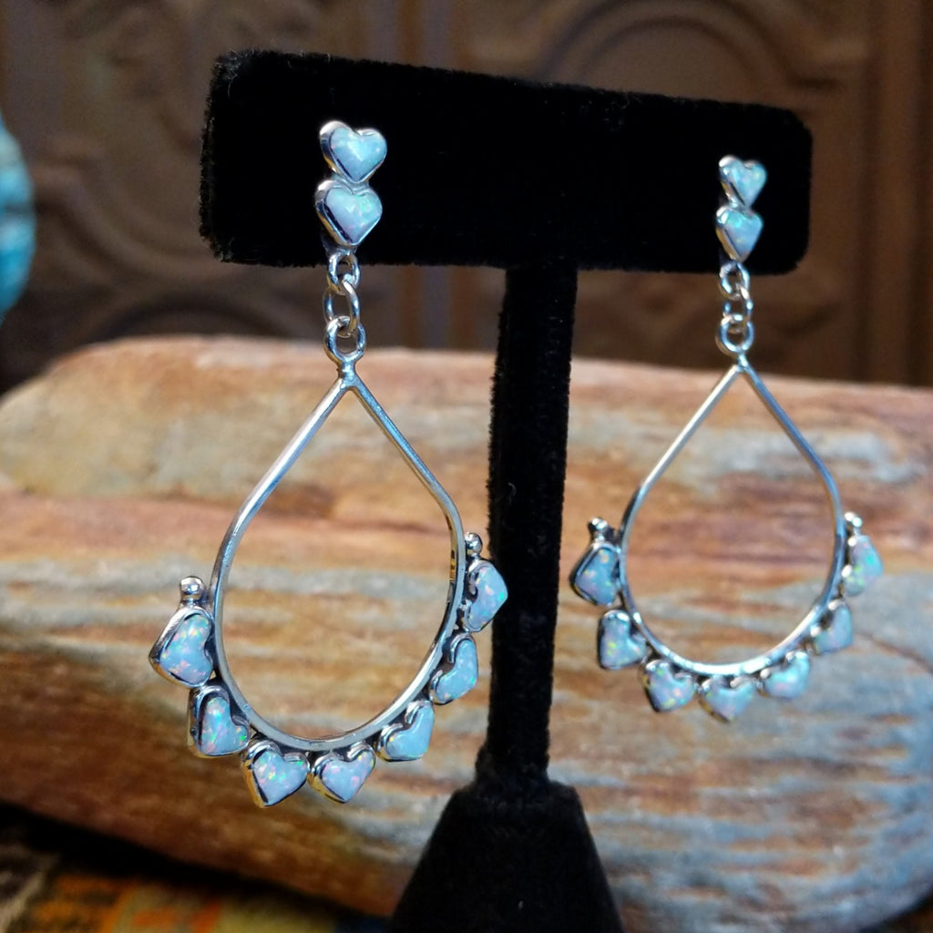 Navajo Made Manmade White Opal Heart Earrings SWSG-ERN-0037