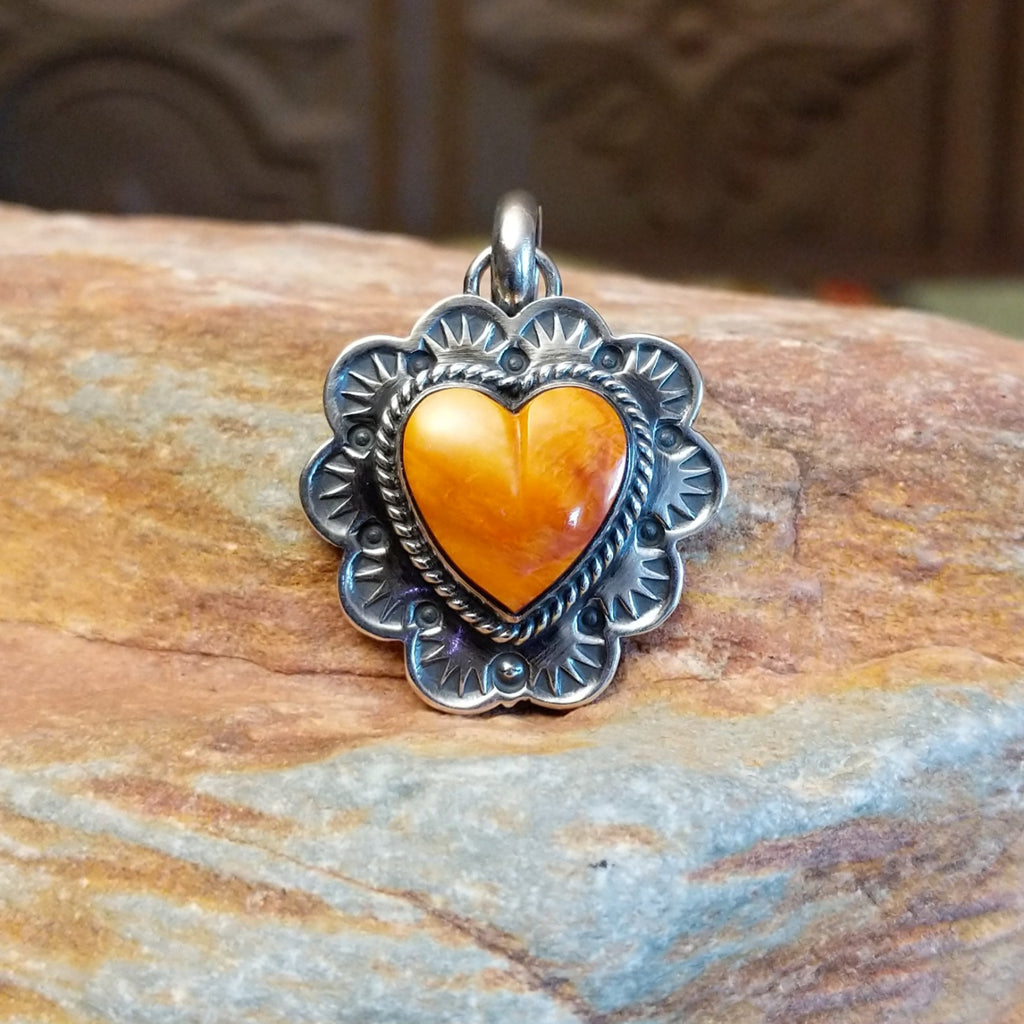 Orange Spiny Oyster Shell Heart Pendant by Philbert Secatero SWSG-PND-0007