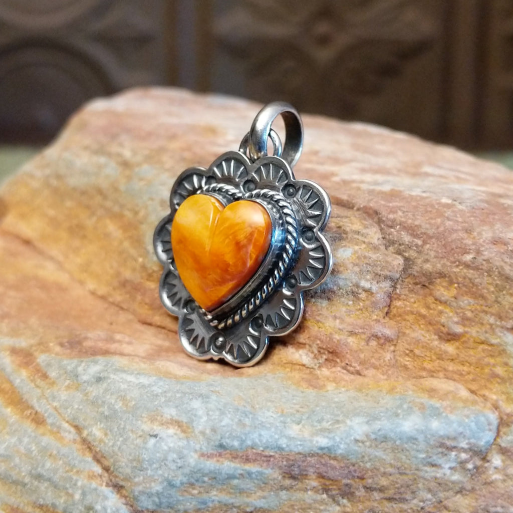 Orange Spiny Oyster Shell Heart Pendant by Philbert Secatero SWSG-PND-0007