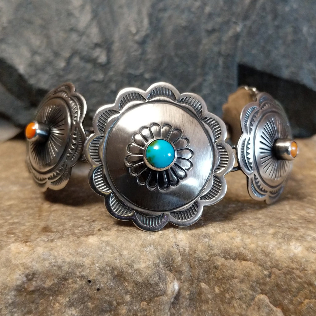 Stamped Silver Turquoise & Orange Spiny Oyster Shell Bracelet by Raymond Coriz GJ-BRC-0100