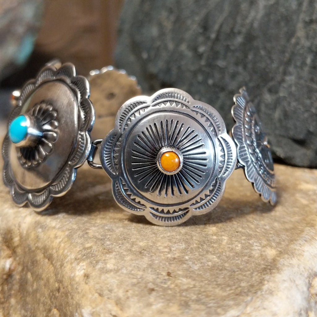 Stamped Silver Turquoise & Orange Spiny Oyster Shell Bracelet by Raymond Coriz GJ-BRC-0100