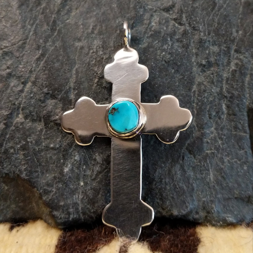Navajo Made Sterling Silver & Turquoise Cross Pendant SWSG-PND-0001