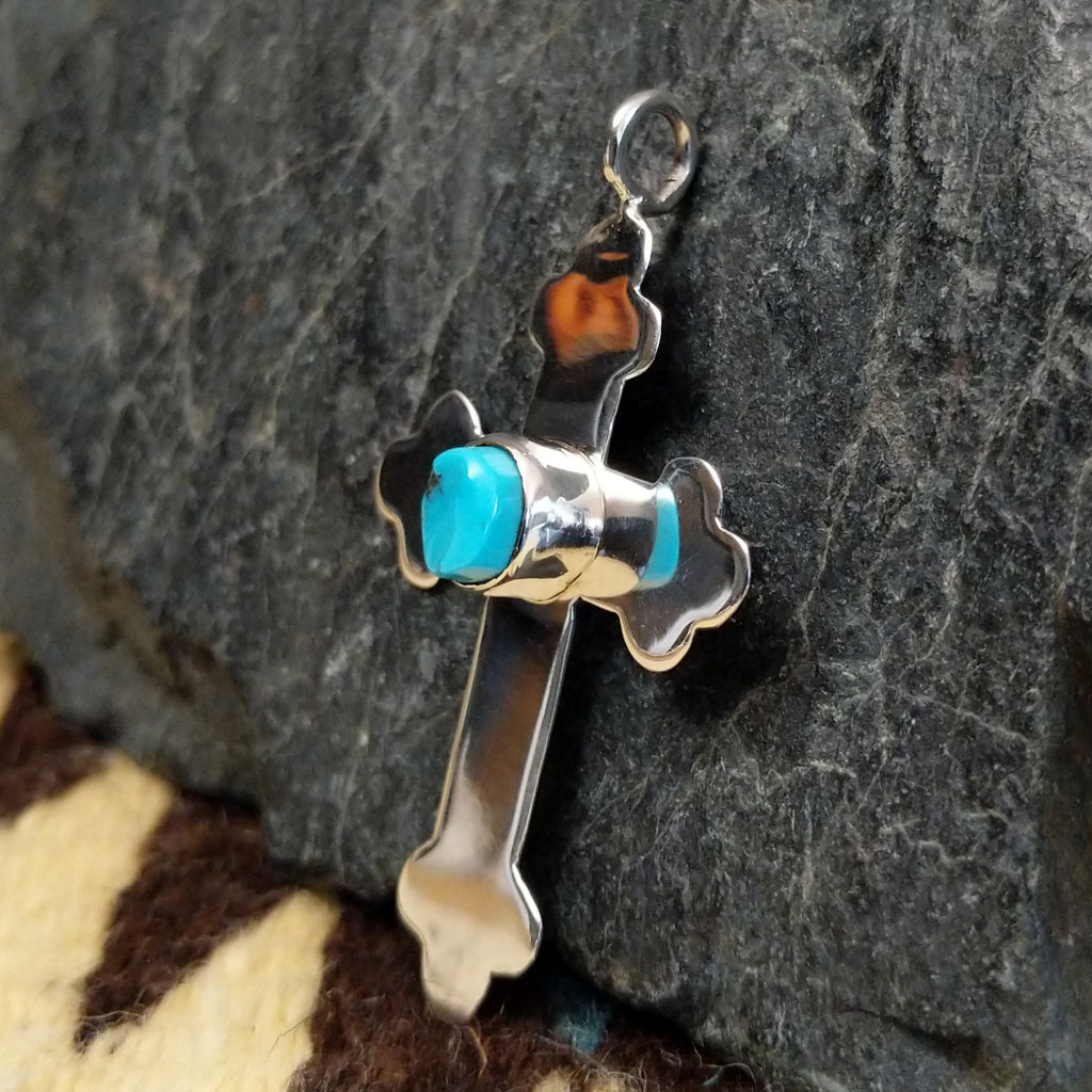 Navajo Made Sterling Silver & Turquoise Cross Pendant SWSG-PND-0001