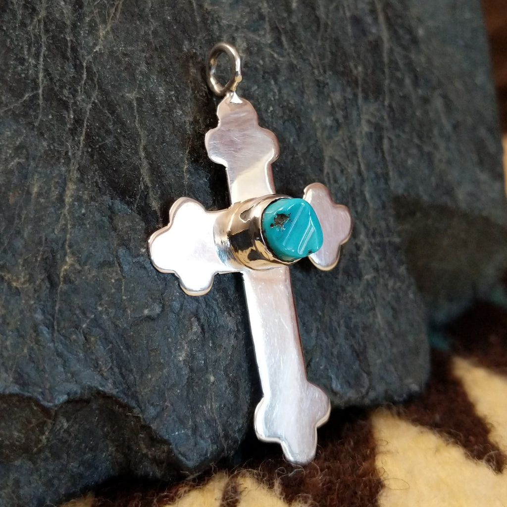 Navajo Made Sterling Silver & Turquoise Cross Pendant SWSG-PND-0001