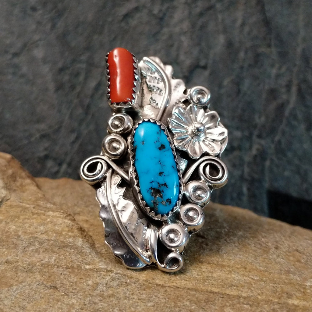 Turquoise and Coral Ring by Harry B. Yazzie GJ-RNG-0015 Size 6.75