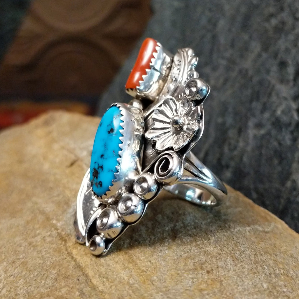 Turquoise and Coral Ring by Harry B. Yazzie GJ-RNG-0015 Size 6.75