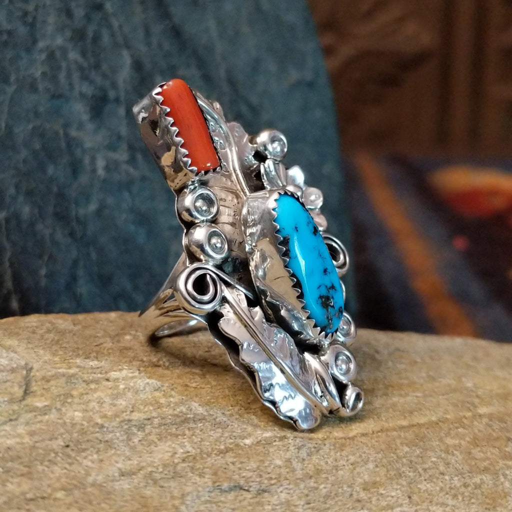 Turquoise and Coral Ring by Harry B. Yazzie GJ-RNG-0015 Size 6.75